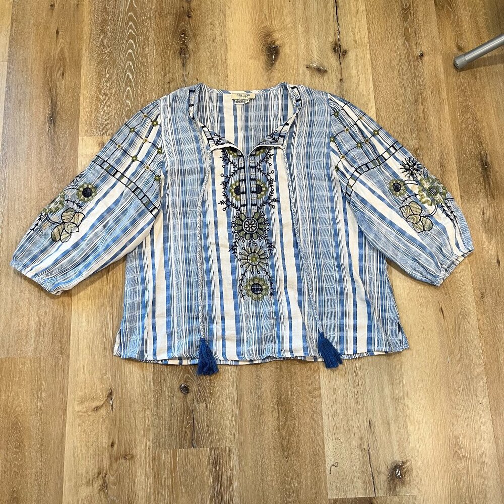 Blue Striped Embroidered Blouse